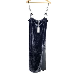 NEW Reformation Dress L Gray Velvet Spaghetti‎ Straps Front Slit Sheath